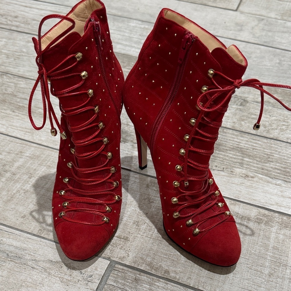 Elegant Red Studded Heeled Boots